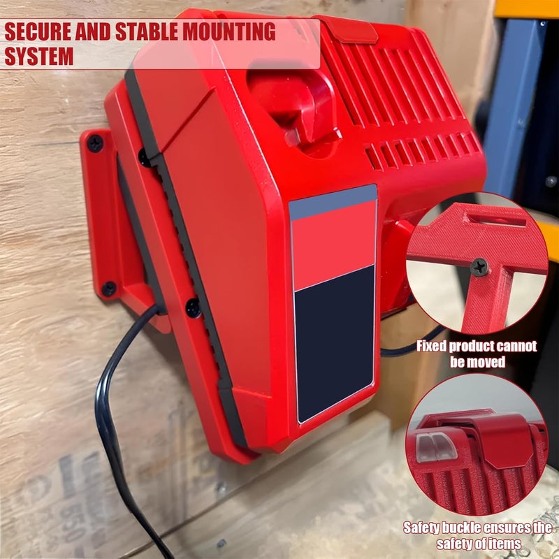 NATUHODE Power Tool Organizer, Compatible with Milwaukee M12/M18 Charger Wall Mount Securely Mounts Your Charger, for Garage & Workshop Organization, Saving Space and Keeping Your Tools Tidy (Red) - Image 3